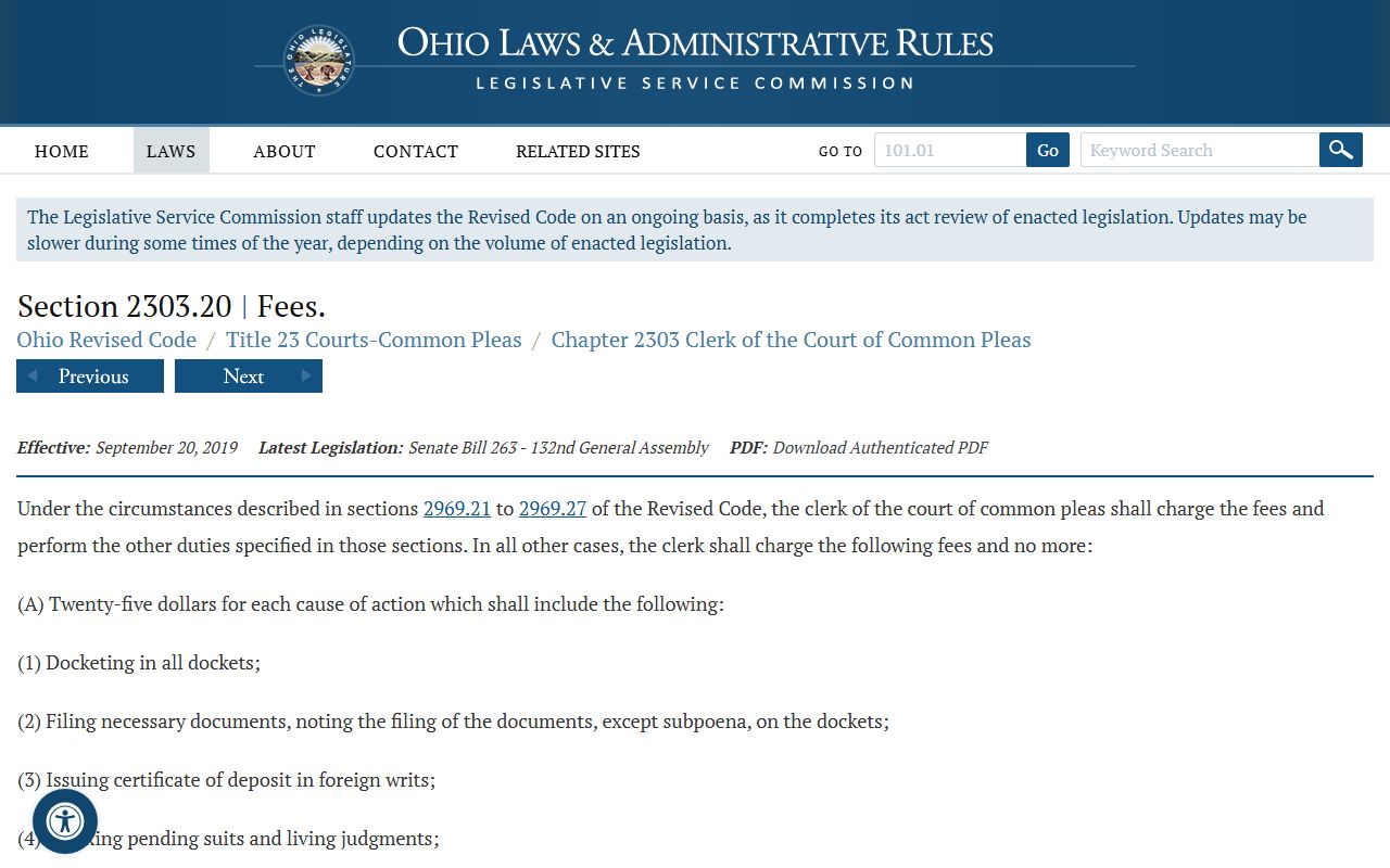 Ohio Revised Code clerk of courts fees statute for Butler County Clerk of Courts