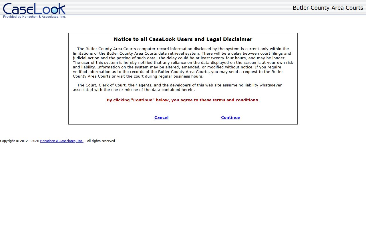 Butler County Area Courts CaseLook docket search and disclaimer for court records