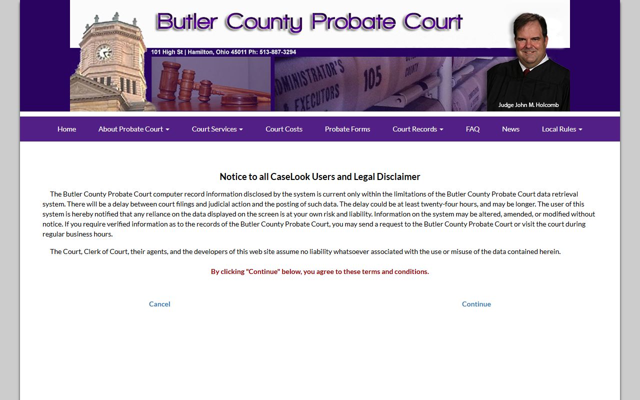 Butler County Probate Court CaseLook disclaimer for docket and court records