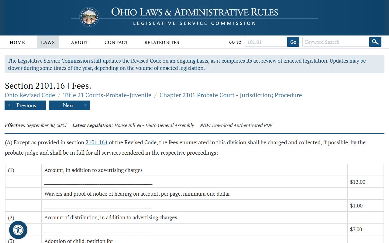 Ohio probate court fee schedule statute behind Butler County court records copies