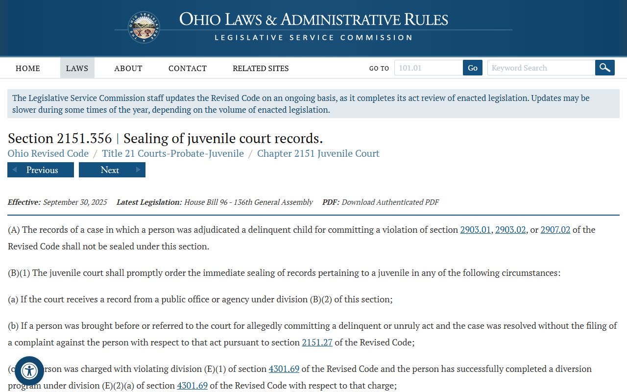 Ohio juvenile record sealing and expungement statute for Butler County criminal records
