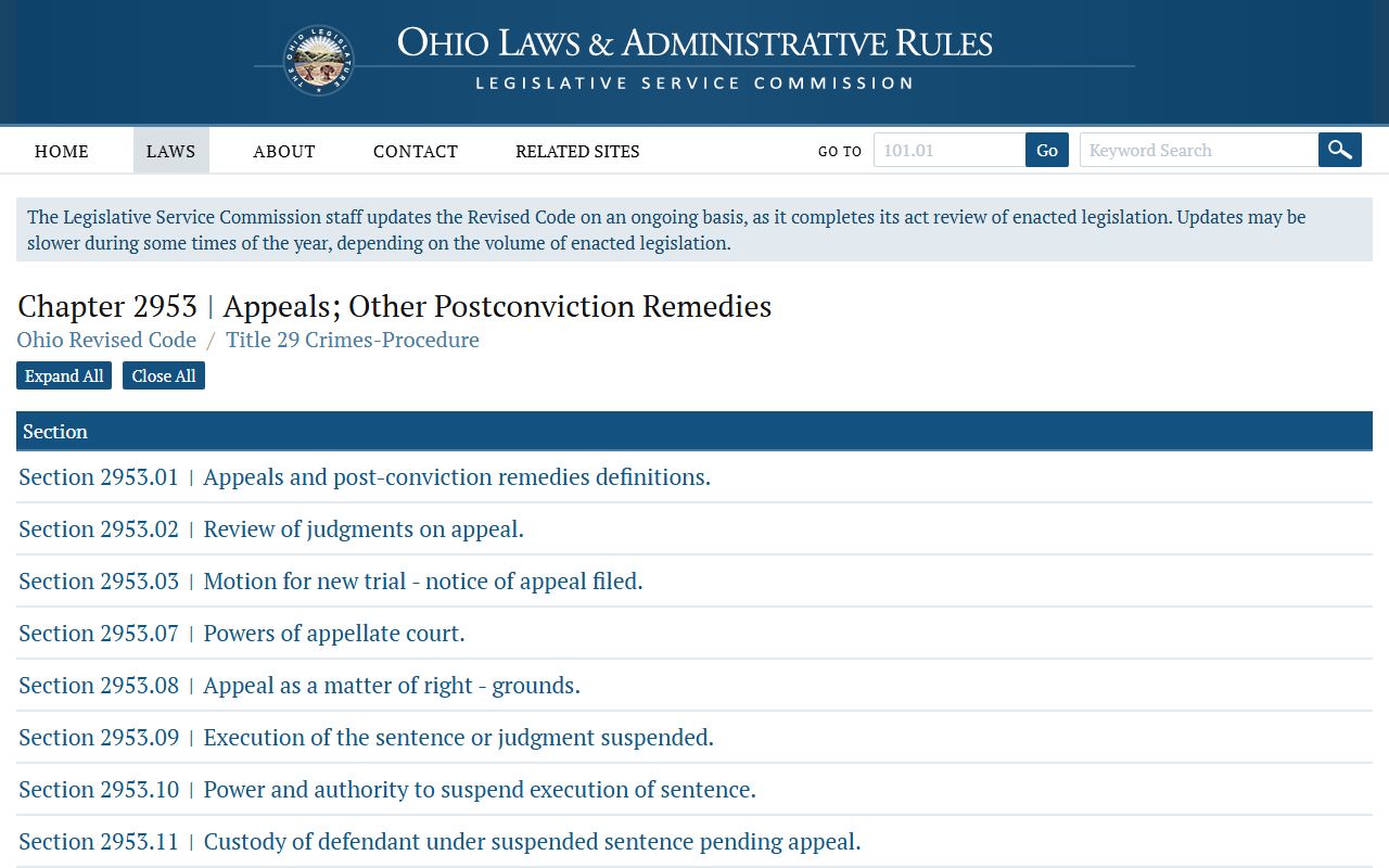 Ohio Revised Code Chapter 2953 sealing and expungement for Butler County criminal records