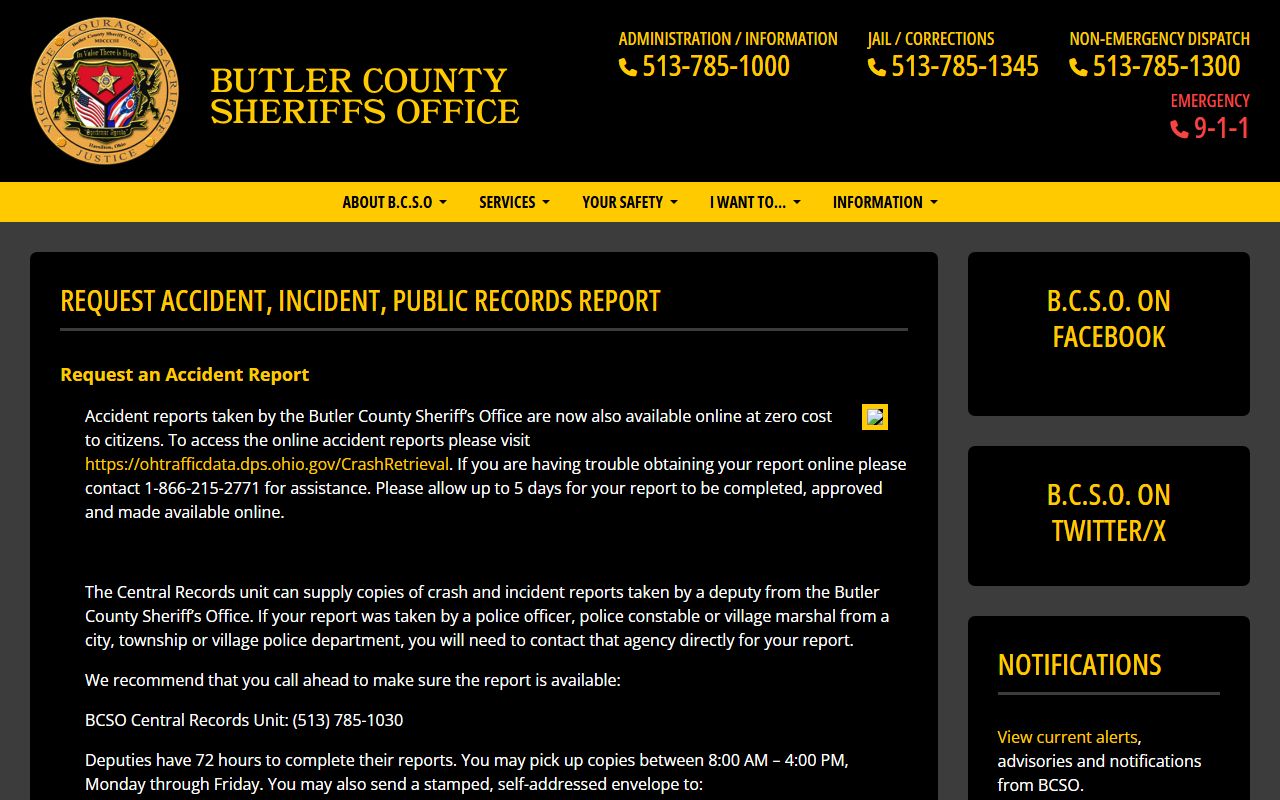 Butler County Sheriff public records request page for arrest and incident records