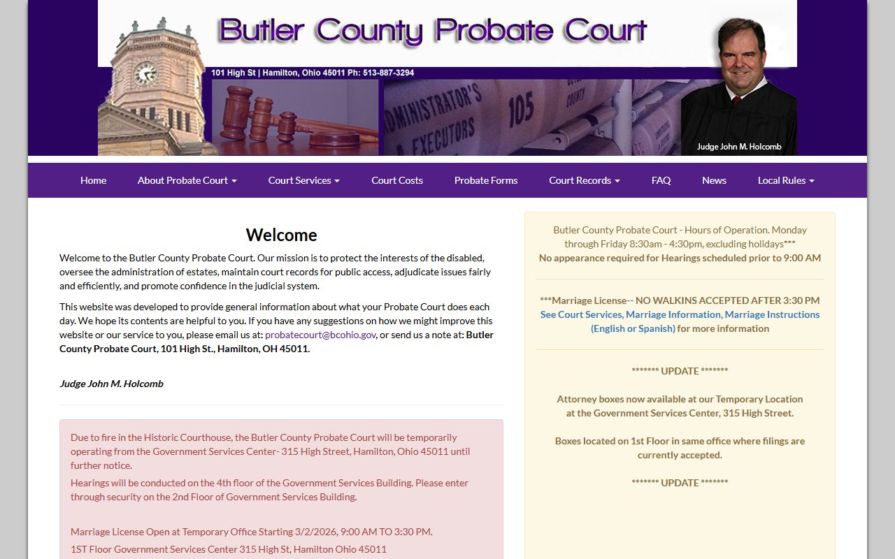 Butler County Probate Court homepage with marriage and estate court records