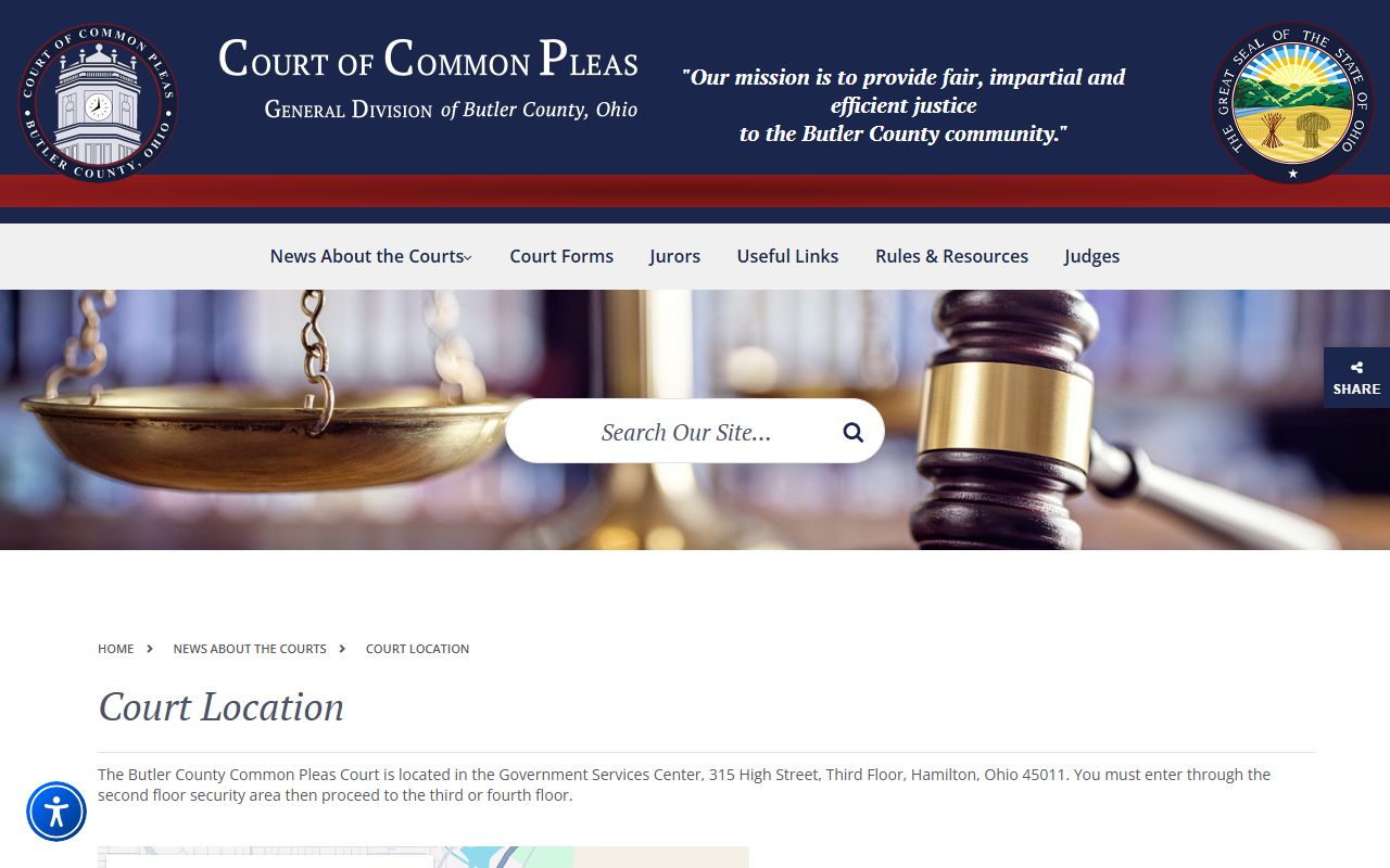 Butler County Common Pleas court location page for the Hamilton courthouse and court records