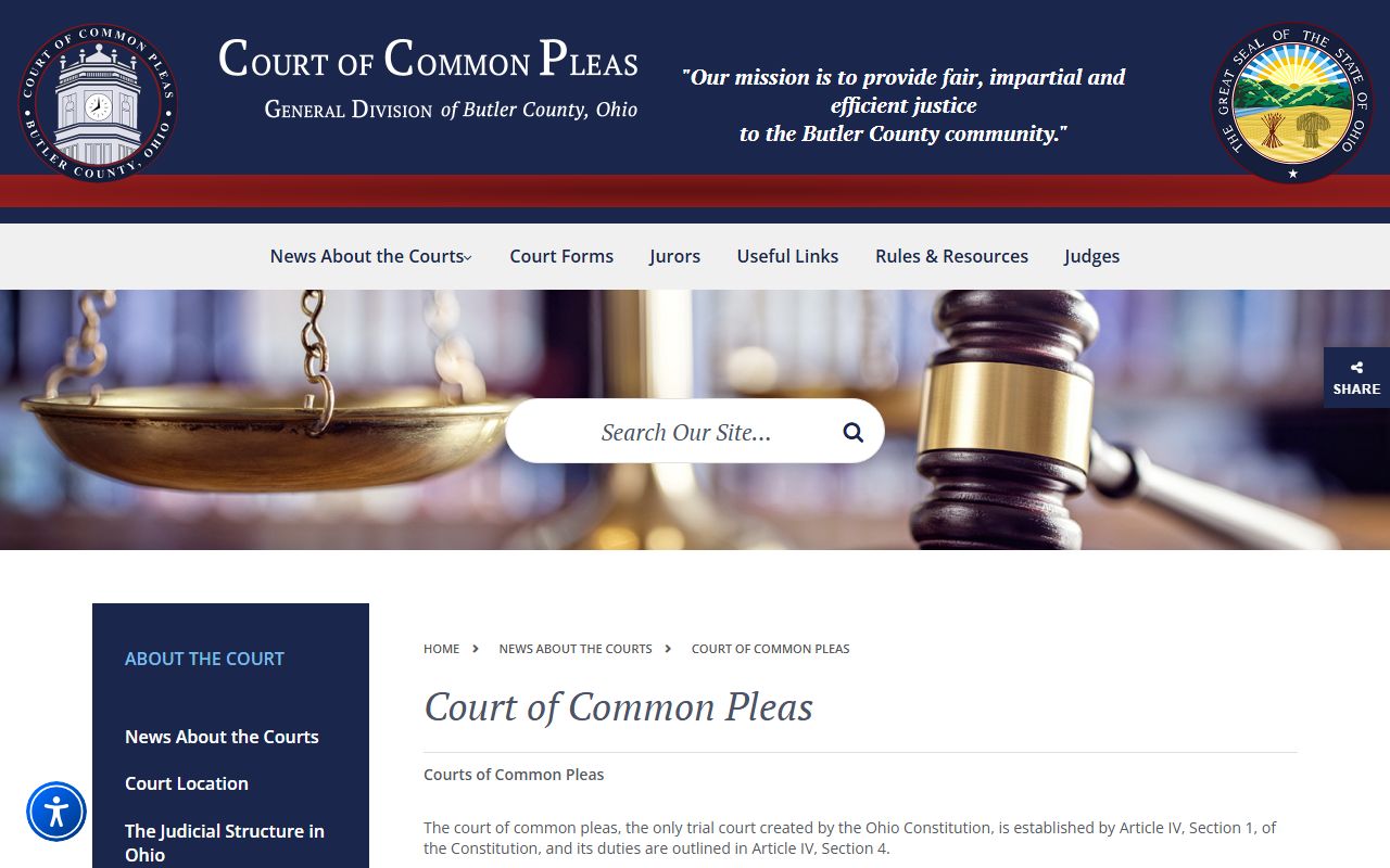 Butler County Common Pleas page describing the General Division and court records