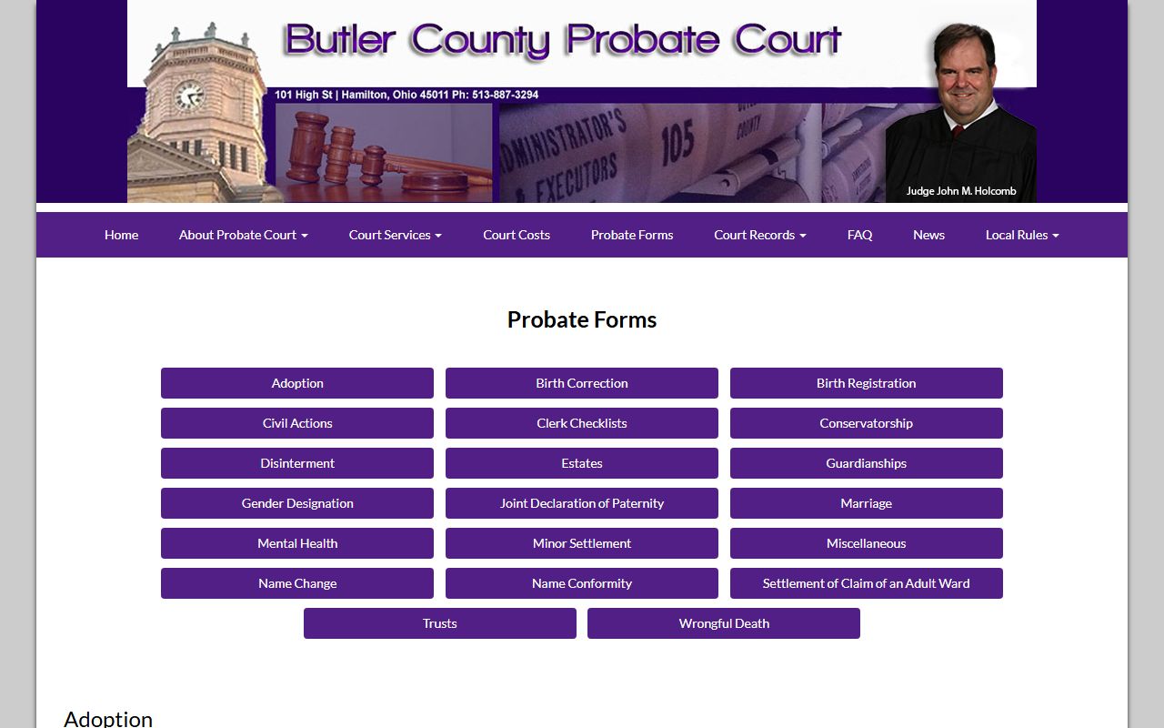 Butler County Probate Court forms page for estate and marriage court records