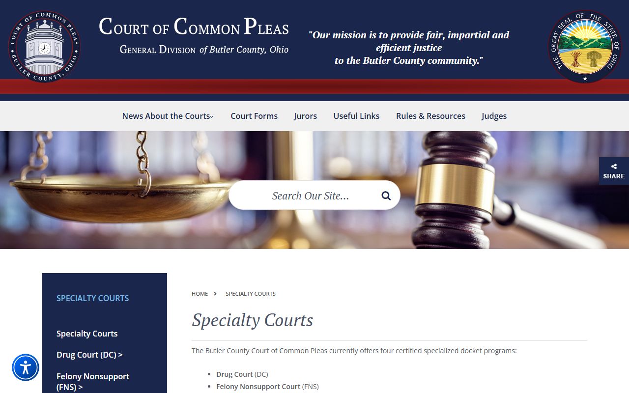 Butler County Common Pleas specialty courts page describing drug, SAMI, and veterans court records