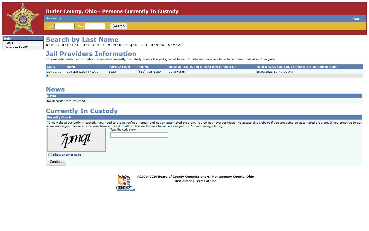 Butler County Ohio Persons Currently in Custody portal showing jail population data