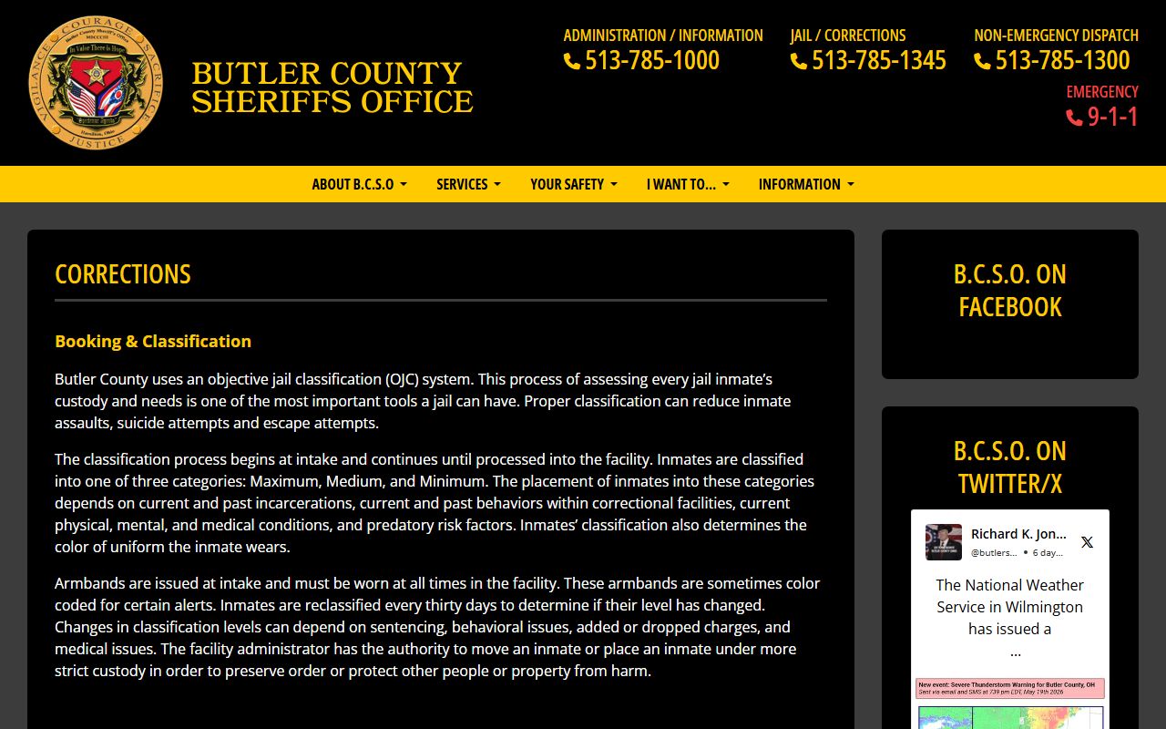 Butler County Sheriff corrections page describing jail facilities and population