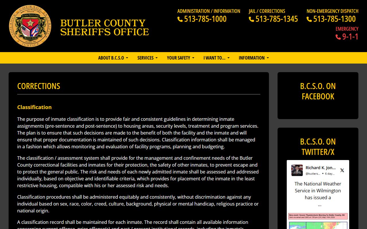 Butler County Sheriff jail services page for inmate records, mail, and visitation