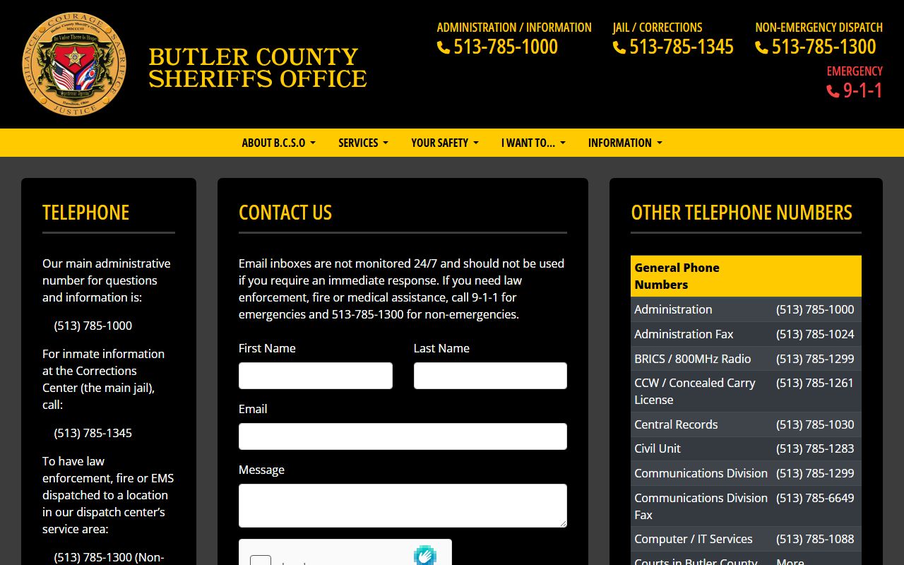 Butler County Sheriff's Office contact page for inmate records inquiries