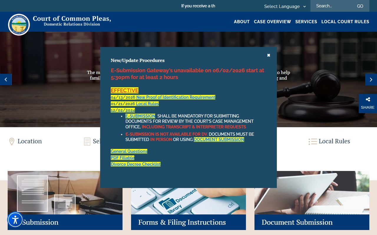 Butler County Domestic Relations Court site for divorce records