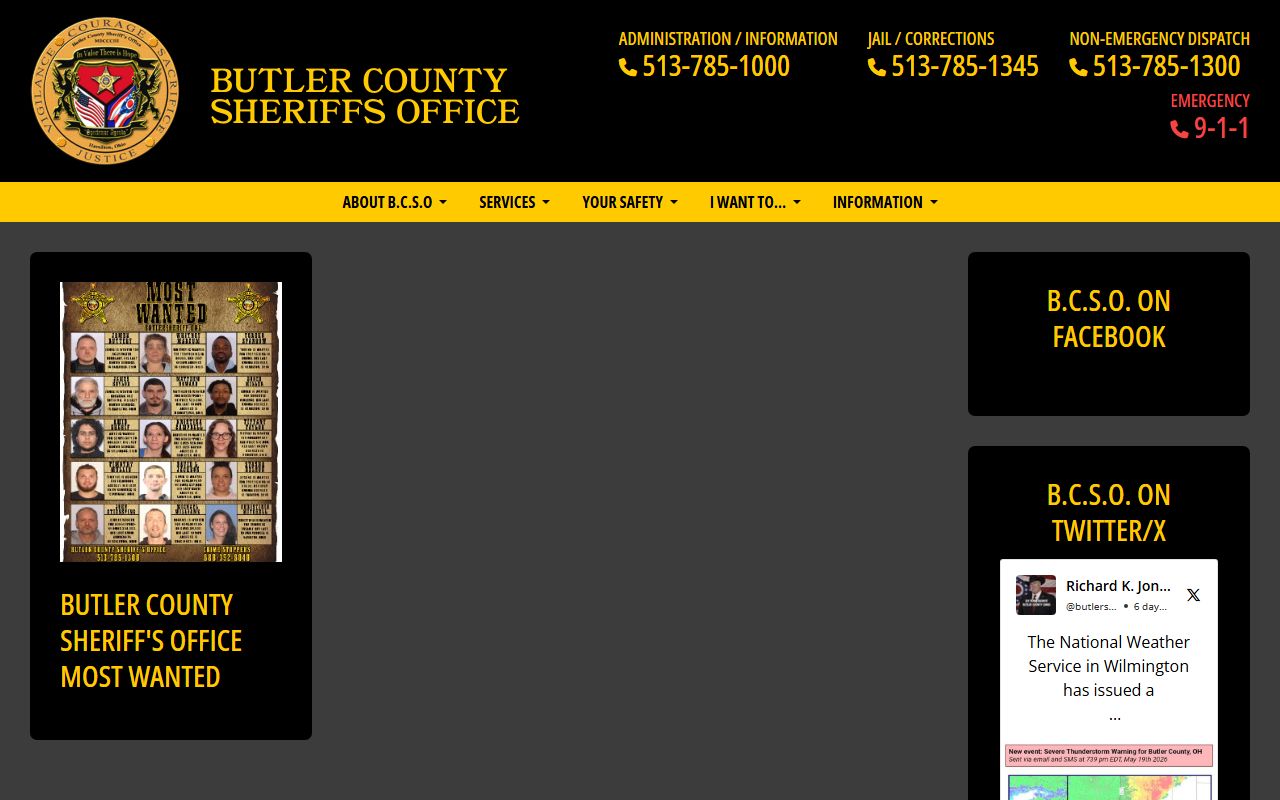 Butler County Sheriff's Office Most Wanted page for active warrant records