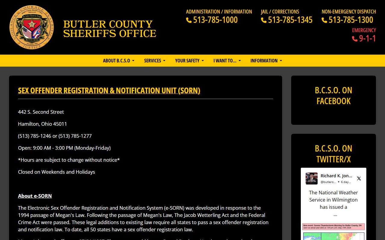 Butler County Sheriff sex offender information page related to warrant records